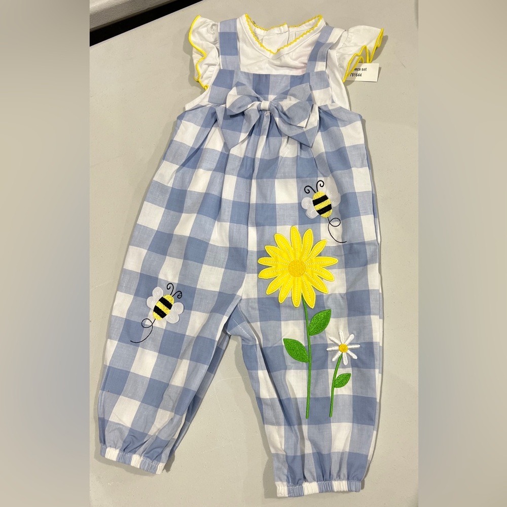 Blue and White Kids Matching Set with Bee and Flower Design